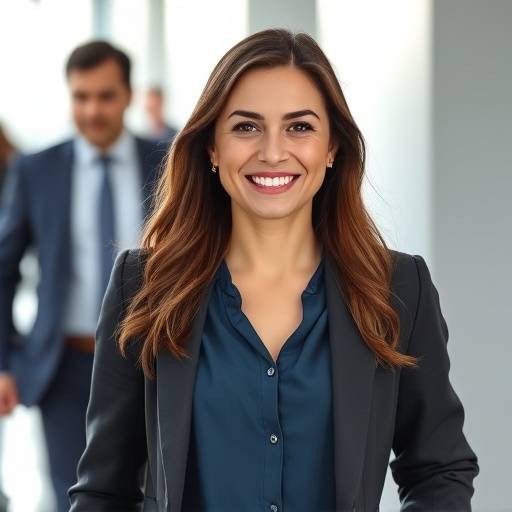 Smiling professional confidently heading to an interview